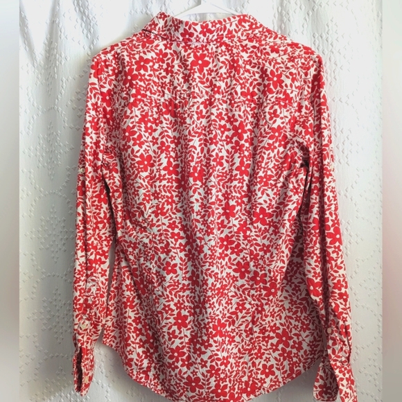 L.L. Bean Women's Medium Floral Pattern Button Down Red White Long Sleeve - Picture 3 of 7